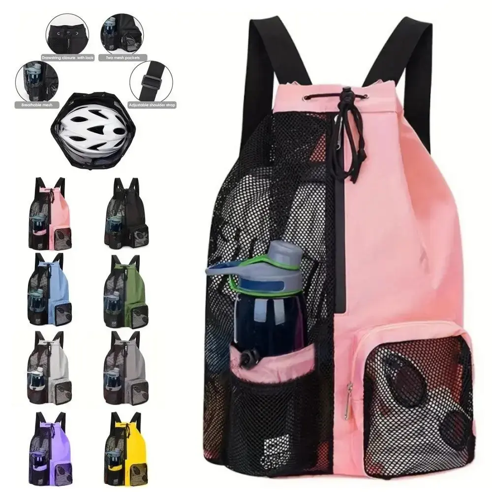 Mesh Fabric Drawstring Fit Beach Backpack with Wet-Dry Compartment, Lightweight Large-Cap Beach Bag for Pool & Travel, Women's Sports Sackpack Summer Vacation Swim Accessory, Water Sports, Pool Days