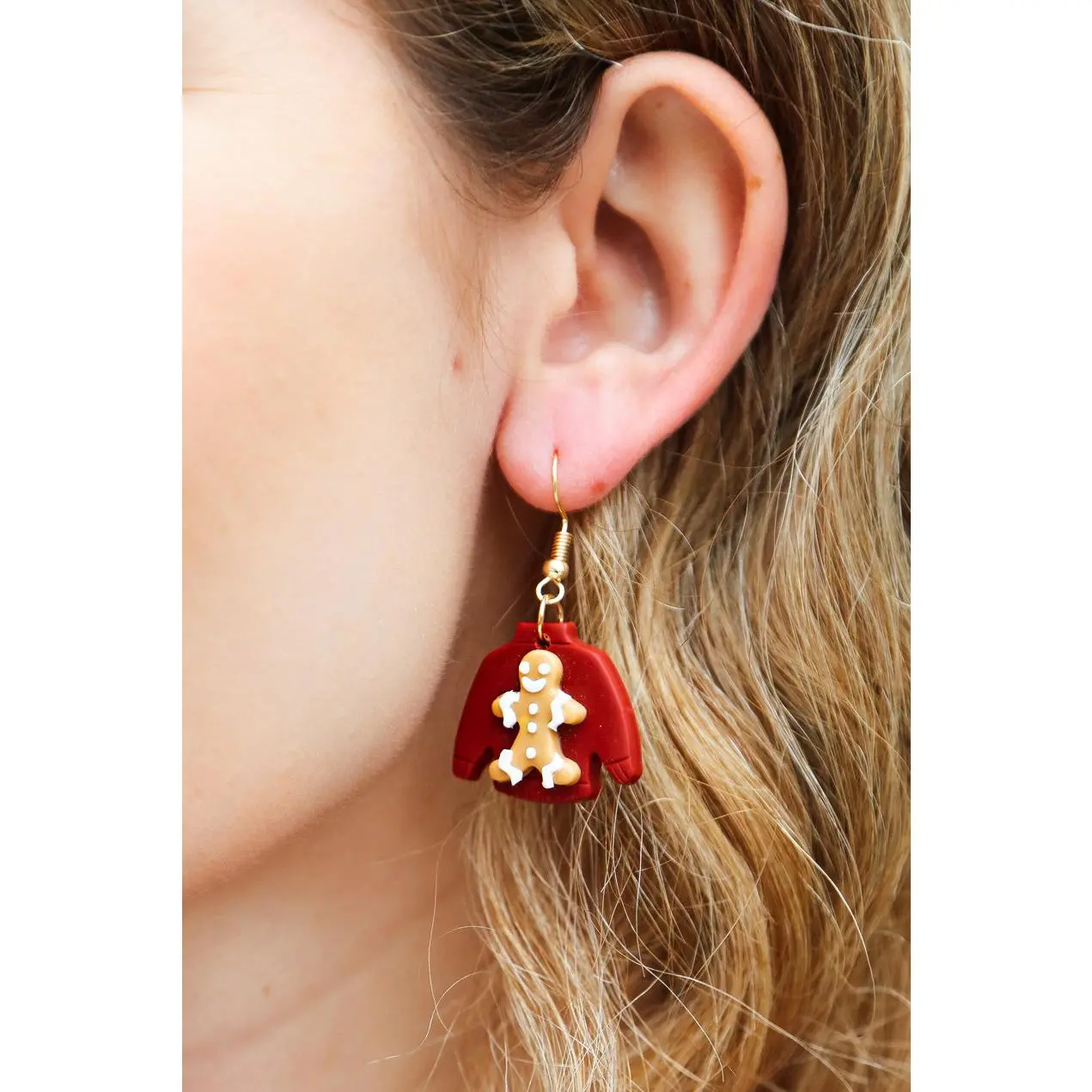 Gingerbread Man Sweater Clay Dangle Earrings
