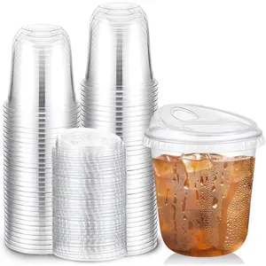 50 Pcs Cups with Sip Lids Round Bottom Disposable with Lids Clear Strawless Crystal Mugs for Iced Coffee Smoothie Cold Beverage Catering Supplies (12 oz)