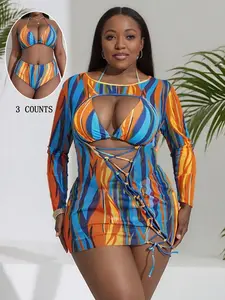 Women's Plus Size Sexy Halter Tie Front Bikini Set with Cover-Up, Multicolor, Summer Swimsuit Set, Perfect for Beach Poolside, New Arrival