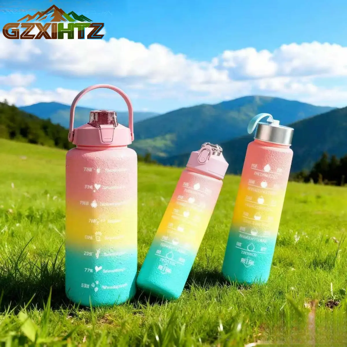 GZXIHTZ 3-Piece Summer Gradient Water Bottle Set, 40oz Reusable PC Sports Bottles with Time Marker, Leakproof and Portable for Fitness Hydration, Hydration Bff