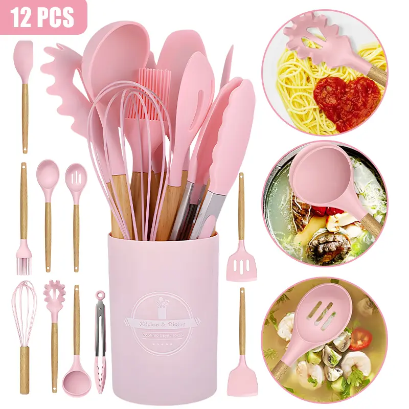 12-Piece Silicone Kitchen Utensils Set with Wooden Handles - Heat Resistant Spatula, Non-Stick Cooking Accessories, Durable Kitchenware + Storage Rack