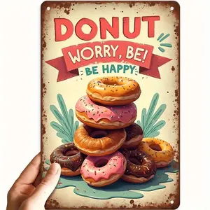 Vintage Donut Wall Art Sign 8x12 Featuring Donut Worry-Free Happy Life Iron Metal Decor with Vibrant Retro Colors Wall Mounted for Bars Cafes Music Studios and Shops