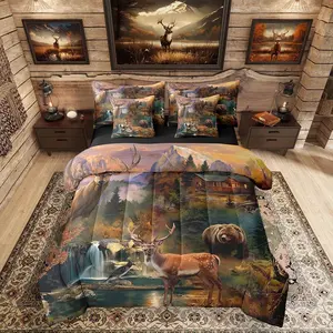 7 Pieces Deer Bear Hunting Comforter Set,Rustic Cabin Lodge Bedding Set for Kids Teens Adults Country Farmhouse Woodland Animal Quilt Set,Antler Moose Bear Bed in A Bag