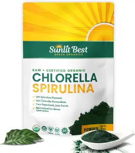Sunlit Best USDA Organic Chlorella Spirulina Powder - 100% Raw & Vegan Source of Protein & Chlorophyll | Gut Health & Immune Support Supplement, 8 oz