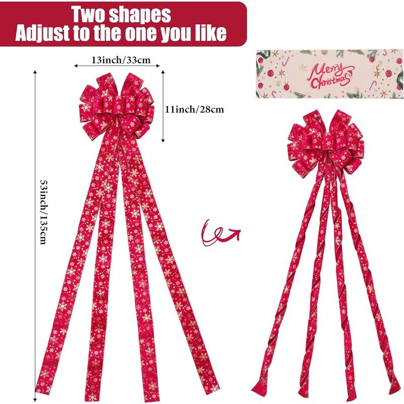 Christmas Tree Topper, 40x13 Inches Toppers Bow with Glitter Satin Mesh Streamer and Patterned Ribbon, Christmas Tree Topper Bow for Christmas Home Decoration (Red & Gold)