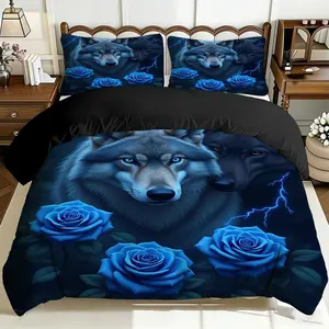 2/3 Pcs Comfortable Wolf And Blue Rose Duvet Cover Set, Soft And Breathable, 100% Polyester Fiber High-Definition Digital Printing Design, All-Season Home Gift, Machine Washable (1 Duvet Cover +1/2 Pillowcase, No Filling)