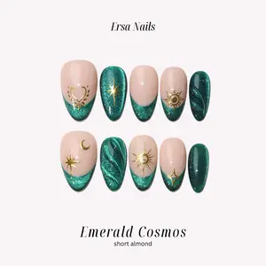 ErsaNails EMERALD COSMOS - Short Almond 10 PCS Handmade Press On Nails | Cat Eye & French Tip