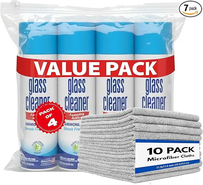 USTRADEENT Streak-Free Foaming Glass Cleaner Spray Bundle Set - 4-Pack 19oz Home Care Supplies with Microfiber Cloth Roll, Foaming Action for Effortless Windows/Mirrors/Screens (100% Easy Performance), Home Supplies