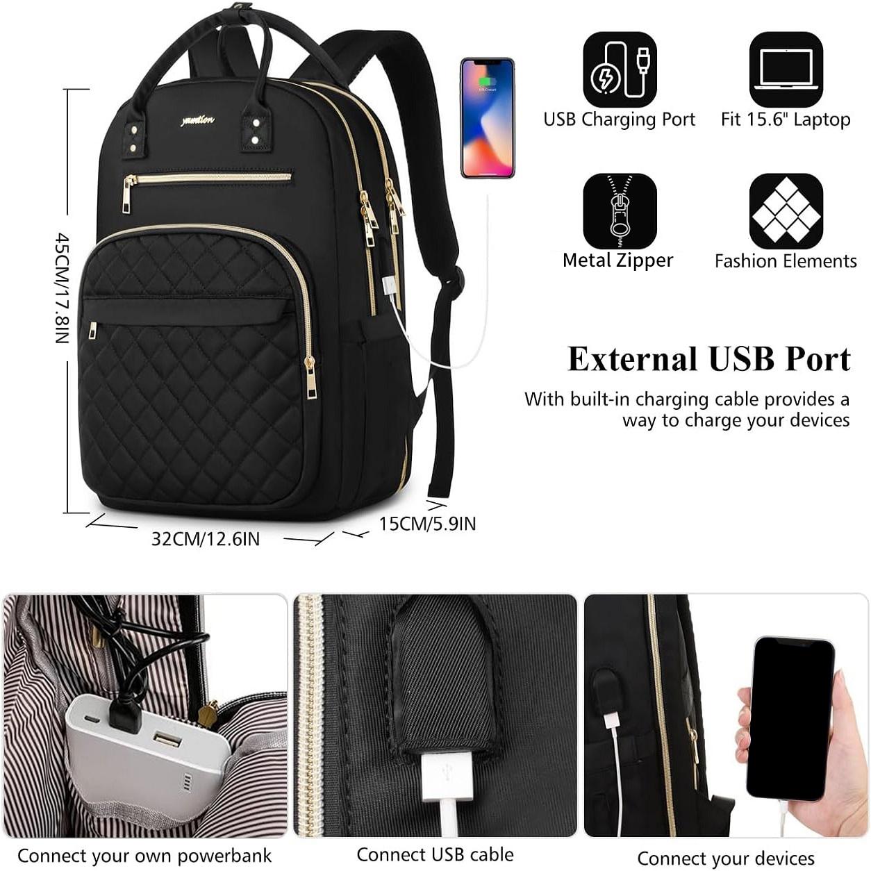 YAMTION 15 Inch Large Quilted Laptop Backpack with USB Charging Port & Gold Hardware, Water Resistant Convertible Backpack for Women, Students, Work, Business & Daily Commute