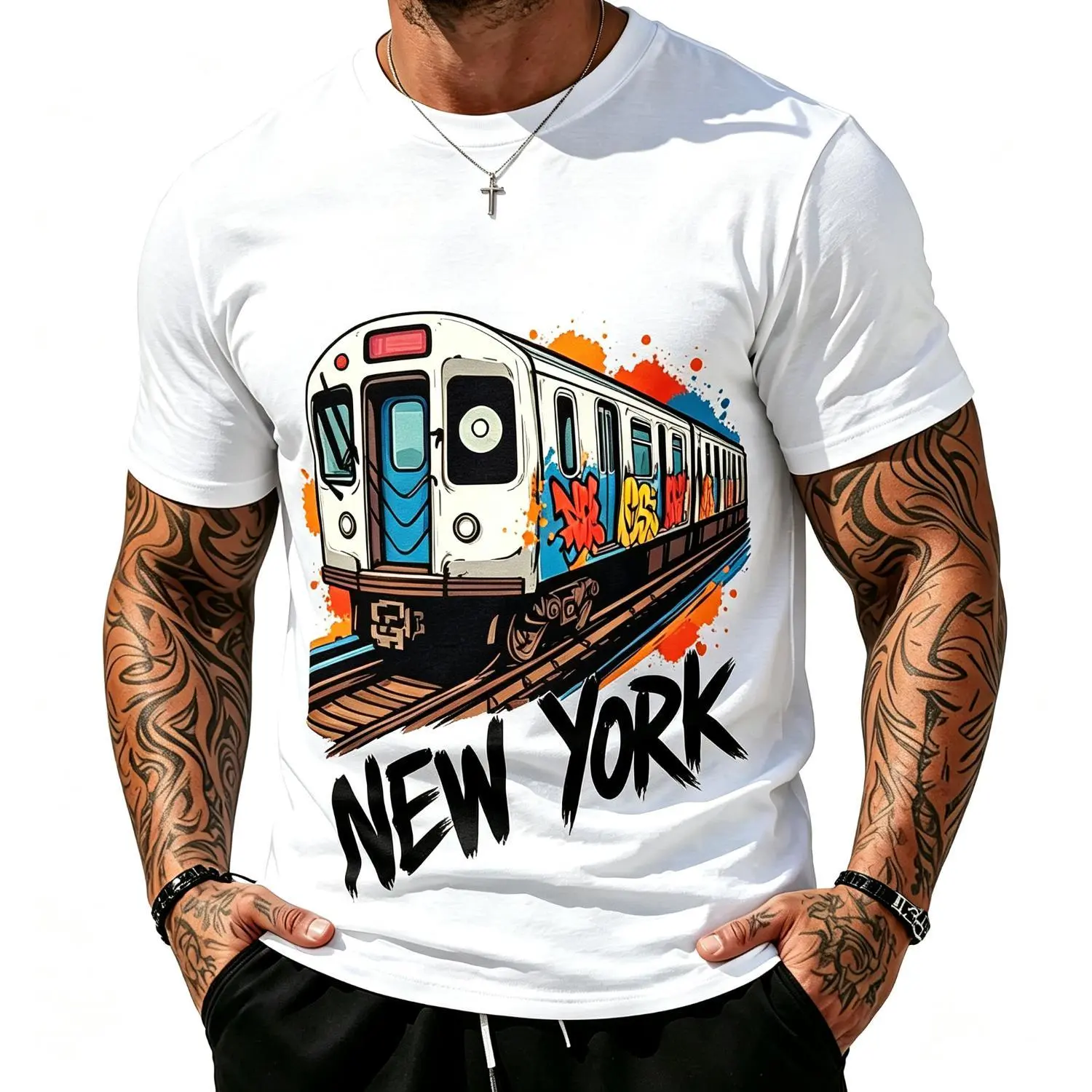 Men's New York City Subway Graffiti Graphic Retro Vintage NYC Train Design with Bold White Lettering Colorful Graffiti Art Casual Round Neck for Urban Streetwear ERetro Casual T-shirts