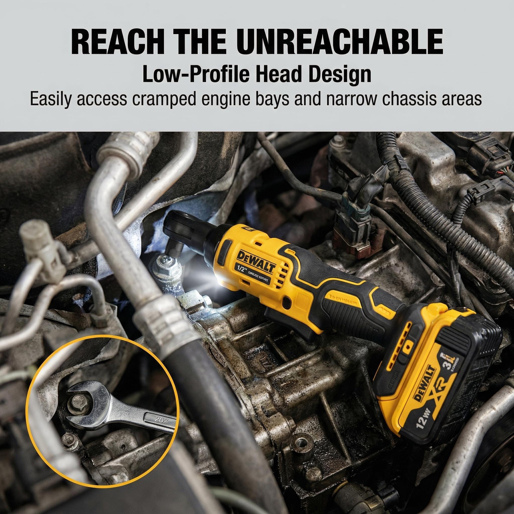 DEWALT DCF512 20V Max Cordless Ratchet – 0-250 RPM Variable Speed, 70 ft-lbs Torque – Compact Design for Mechanics Working in Narrow Spaces