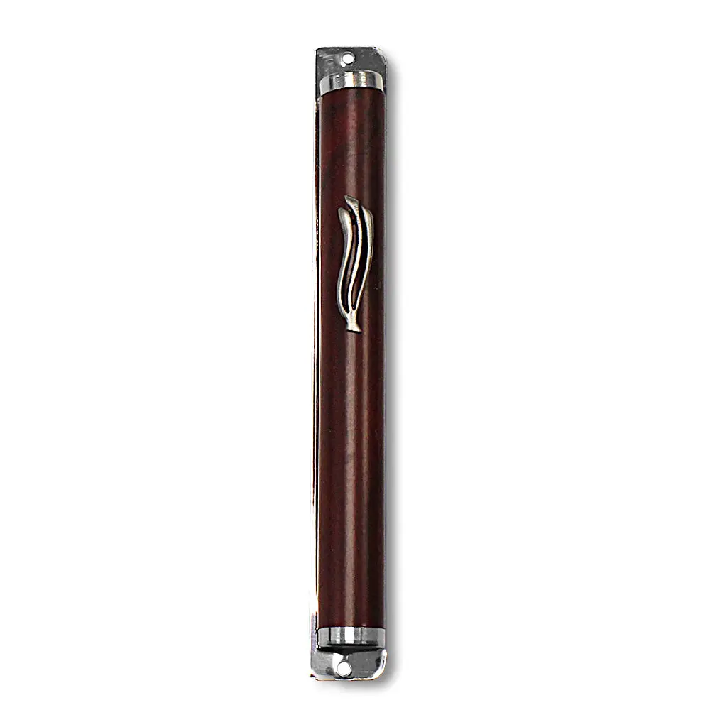 6" Classic Mezuzah Case - Gray Silver-Tone Metal with Brown Wood, Made in Israel, 0.75" (w) x 6.25" (h), 12 cm Mezuzah Scroll Compatible, Home Decor, Perfect Gift for Music Accessories Enthusiasts, 6 Inches