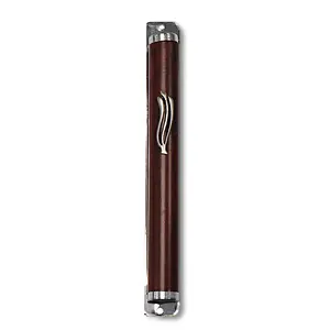 Metal Gray Silver-Tone Brown Wood Classic Mezuzah Case, 6" - Made in Israel
