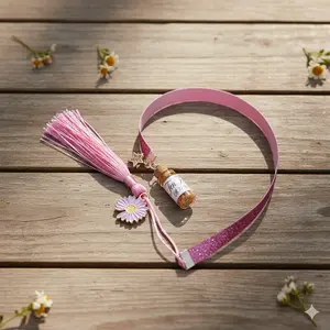 Separador de liston color rosa brillante con borla, coldije y frasco con semillas de mostaza