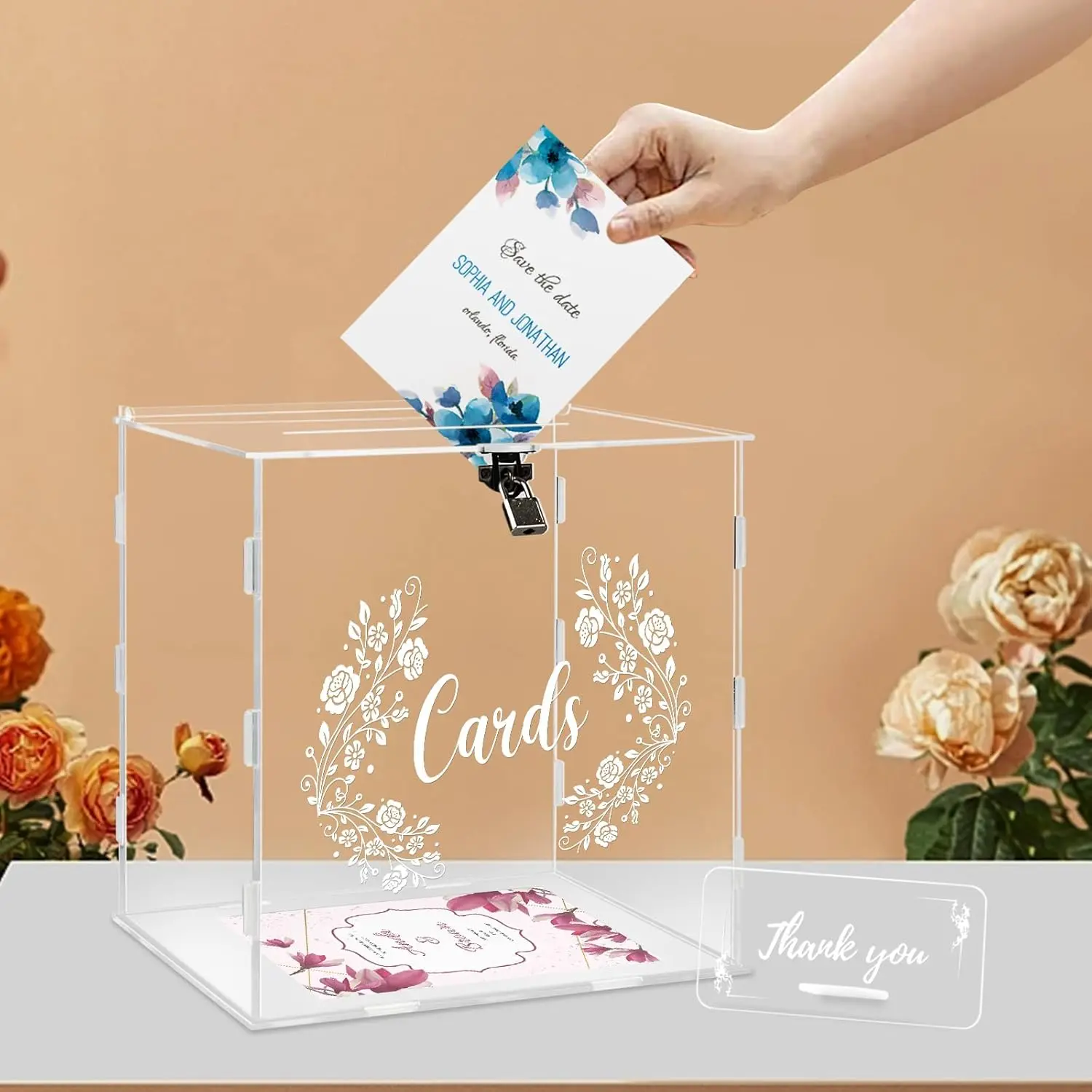 Wedding Card Box with Sign, Large Clear  Card Box with Lock for Wedding Reception Anniversary Shower Birthday Party Events Decorations