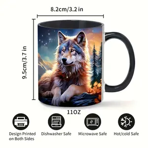 1 Wolf Design Ceramic Coffee Cup, 11oz Double Sided Printed Cup, Suitable for Coffee, Tea, Milk, Water, Decorative Drink Cup, Birthday, Office, Party Giveaway, Mother's Day, Father's Day Gift