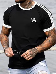 Men's Colorblock Letter Print Tee, Athletic T Shirt, Regular Fit Casual Short Sleeve T-shirt for Summer, Men's Top for Daily Wear