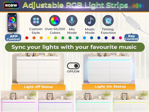 Sikaic LED Lights Dresser for Bedroom with Charging Station and Sliding Desktop Drawers Large Storage Tower Clothes Organizer Cabinet Apartment Furniture