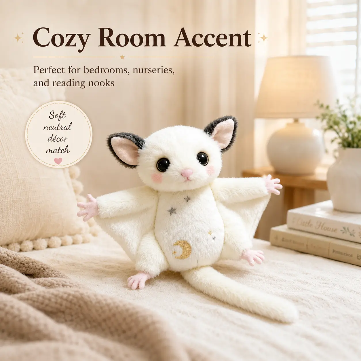 Ultra-Soft Sugar Glider Plush Cotton Keychain with Moon-Star Embroidery, Soft Stuffed Animal, Comforting-to-Touch Party Gift for Dorm Room, Easy-to-Style Study Desk Decor