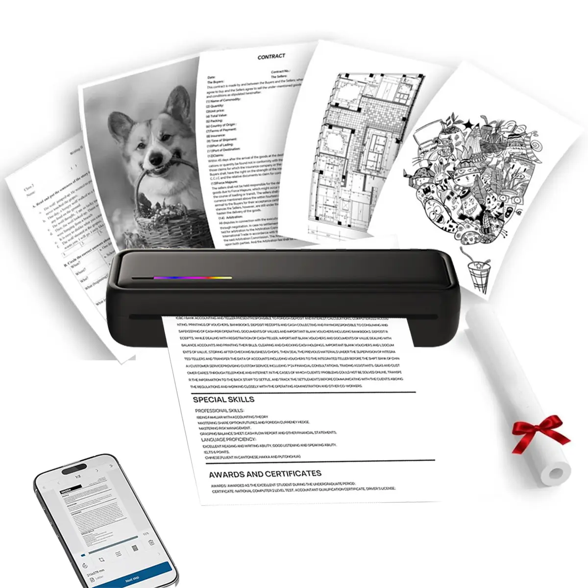 Portable Printers Wireless for Travel, Portable Handheld Printer, Wireless Thermal Printer Support A4&A5 Thermal Paper, A4 folded paper, Inkless Mobile Printer office, home, travel, Smartphone Photo Printer, Portable Wifi Printer