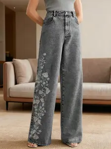Women's Denim Jeans Embroidered Loose Fit Elastic Straight Leg Pants Fashion High Street Trendy Long Jeans