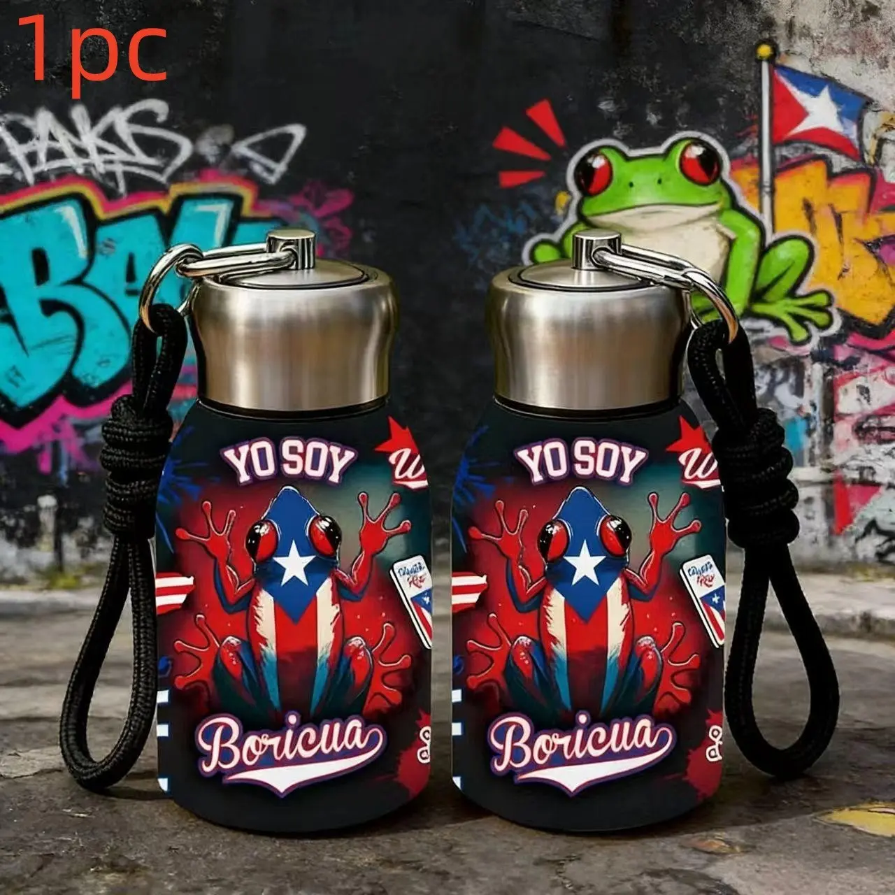 1pc 10.5oz Stainless Steel Insulated Vacuum Flask Water Bottle, Ideal for Outdoor Gym Camping Office Use, Puerto Rico Flag Frog Print, Perfect Gift