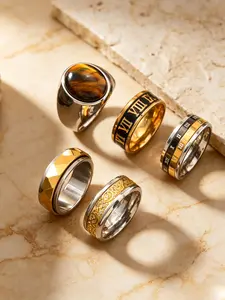 5PCS Men's Titanium Steel Ring Set, Tiger's Eye/Roman Numeral/Engraved Design, Scratch Resistant & Fade Proof, Trendy Style, for Daily, Street & Party Wear