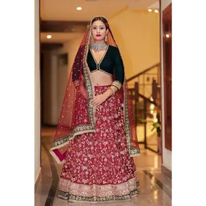 Lushkara Maroon Heavy Sequined Lehenga with Handwork Velvet Green Blouse and Heavy Work Dupatta
