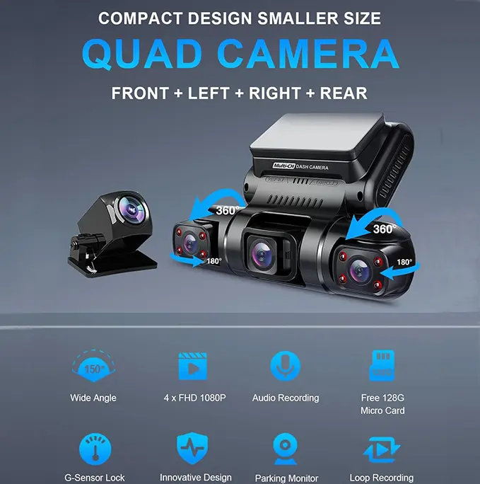 PRUVEEO Dash Cam, 4 Channel Camera FHD 1080Px4, Front, Left, Right and Rear, Front and Rear Inside, Built in GPS WiFi, Free 128GB Card, D90-4CH， Hd Driving Recorder，Dashcam Vehicle Automotive Dvr，Rotatable Dashcam Video Dashcam，#TikTokShopDealsforYouDays