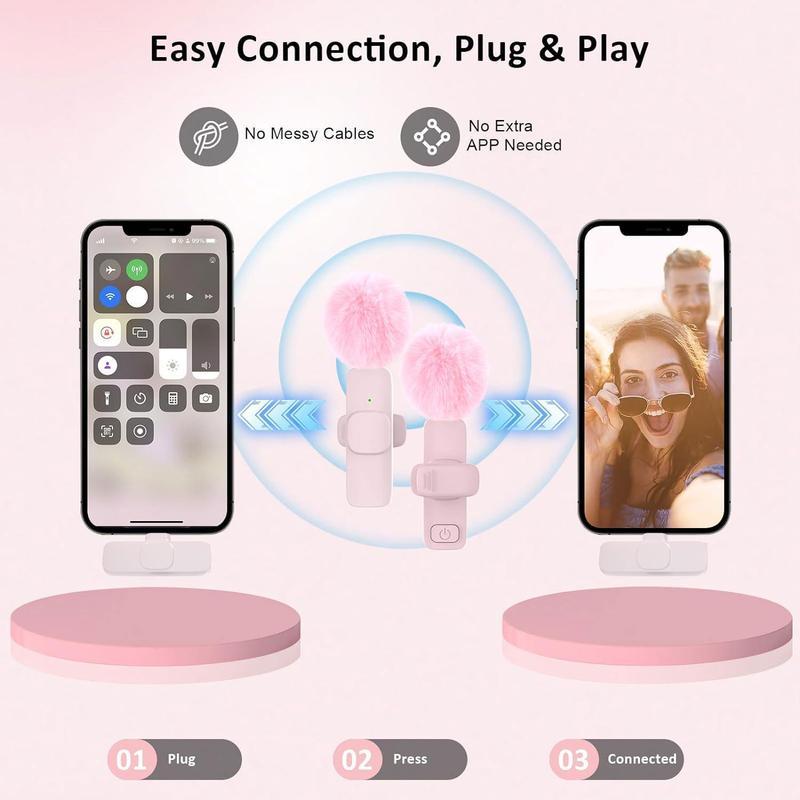 Plug-and-Play Wireless Lapel Microphone with Noise Reduction, Pink Dual Mic for iPhone & Android