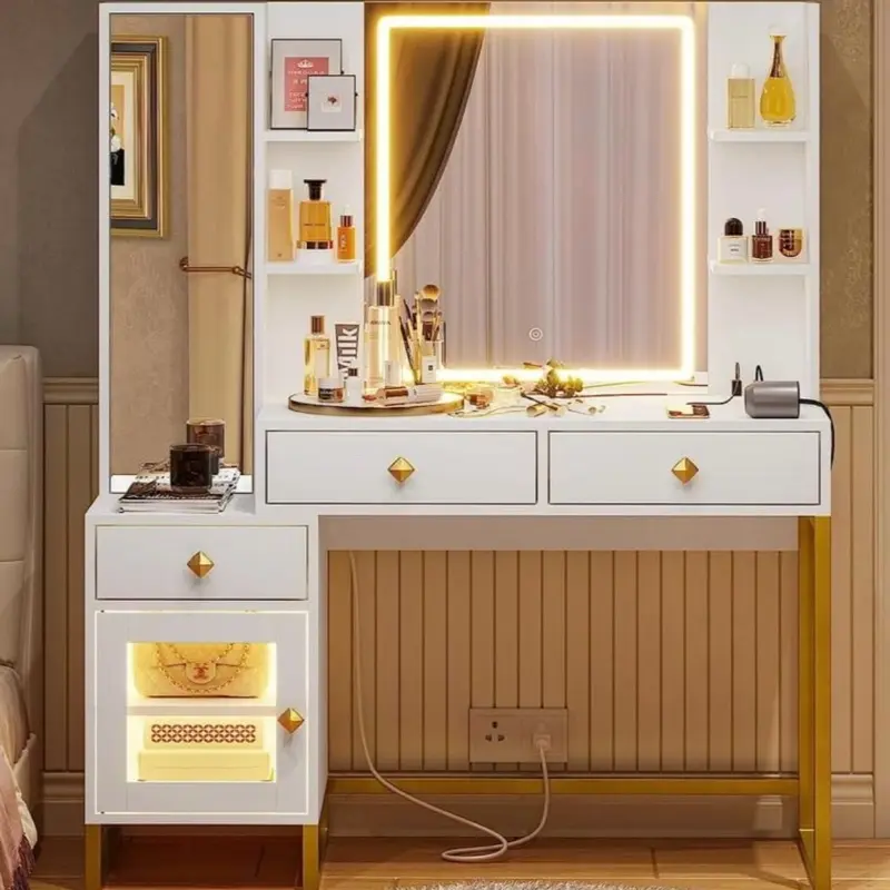 Aunfebrco Vanity Desk - Large Smart LED Lighted Mirror with Built-In Power Charging Station