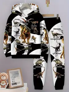 Jurassic Century Dinosaur Knowledge Kids Long Sleeve Hoodie Set, Fun 3D Print Sweatshirt, Casual Fitted Pullover for All Seasons, Youth Kits