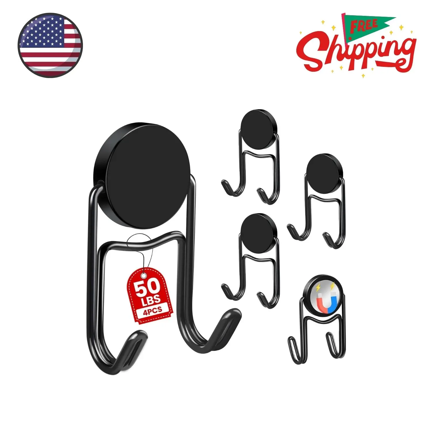 Magnetic Heavy Duty Swivel Hooks 50Lbs+ In 4 Pack (Black) Magnetic Heavy Duty Swivel Hooks 50Lbs+ In 4 Pack (Black)