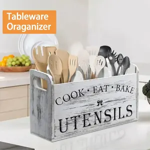 Utensil Holder,Large Wooden Utensil Holder for Kitchen Counter, Cooking Utensil Organizer with 3 Compartments,Utensil Crock for Silverware Spoon Spatula(Vintage White)