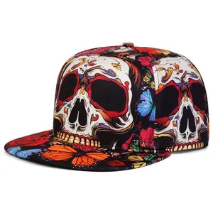 Day of the Dead Baseball Cap - Floral Skull Printed Flat Bill Snapback Hat, Hip Hop Festival Trucker Hat
