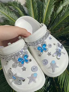 16pcs Silver Color Shoe Charms, Butterfly Dragonfly Flower Star Chain, DIY Decorations for Women Sandals Slippers Beach Bags Footwear