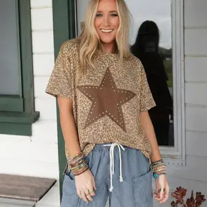 Women's Leopard Print Studded Star Patch Graphic Tee - Western Style Short Sleeve Crew Neck Top - Casual Loose Fit Summer Shirt