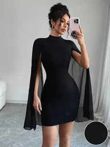 🖤✨ Mini Slim-Fit Cape Dress – Stand Collar Elegant Autumn Look