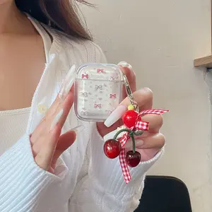 Cute Bow Print Transparent Fashion Earphone Box, and Plaid Butterfly Cherry Charm, Fits AirPods 4/3 Pro/pro 2/1