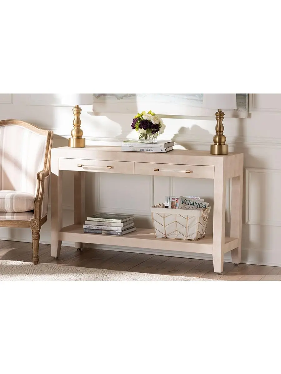 212 MAIN Nira Faux Shagreen Wrap Modern Console Table - Rectangle, Clean Design, Beige & Brass Finish, 2 Drawers, Open Shelf, Tapered Legs, Storage Space, Fully Assembled Living Room Accent Display Furniture