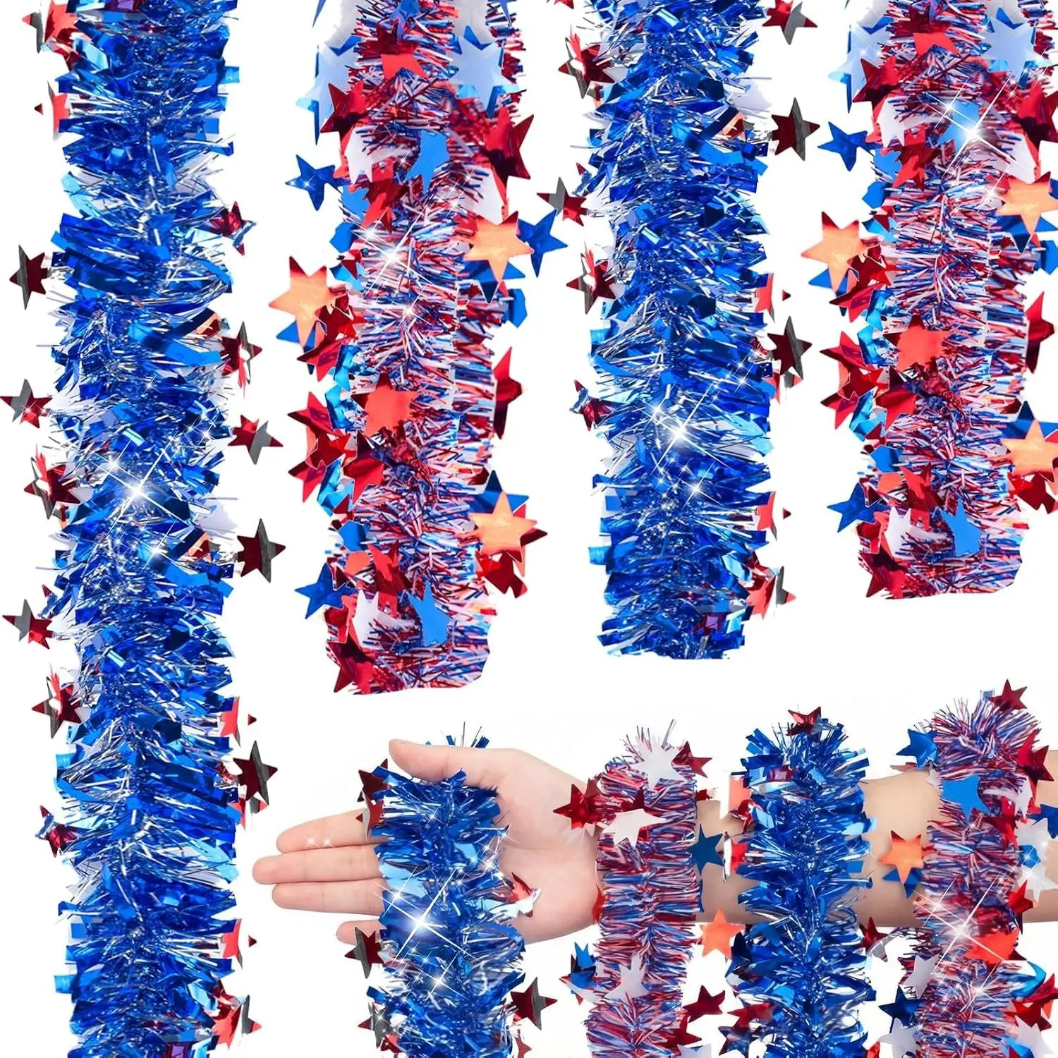 4th of July Garland Decor 2 Strings Red White Blue Star Tinsel Garland Total 32.8Ft Glitter Patriotic Decorations for Tree Car Parade Float Bike Party Door Boat Indoor Outdoor Holiday Home