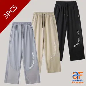 Breathable mesh hollow-out casual pants for men, summer thin breathable straight-leg sports long pants for men