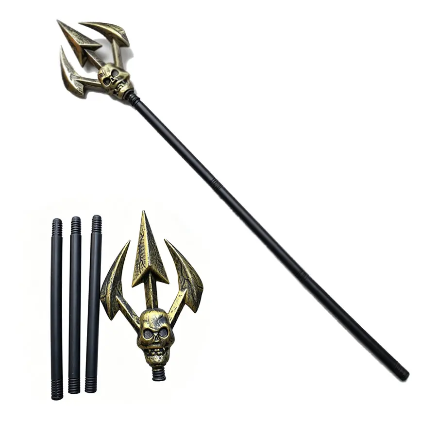 Antique Lightweight Detachable Skull Trident Pitchfork - 42in Plastic 3-Pronged Spear with Screw, Fantasy Halloween Costume Cosplay Accessory