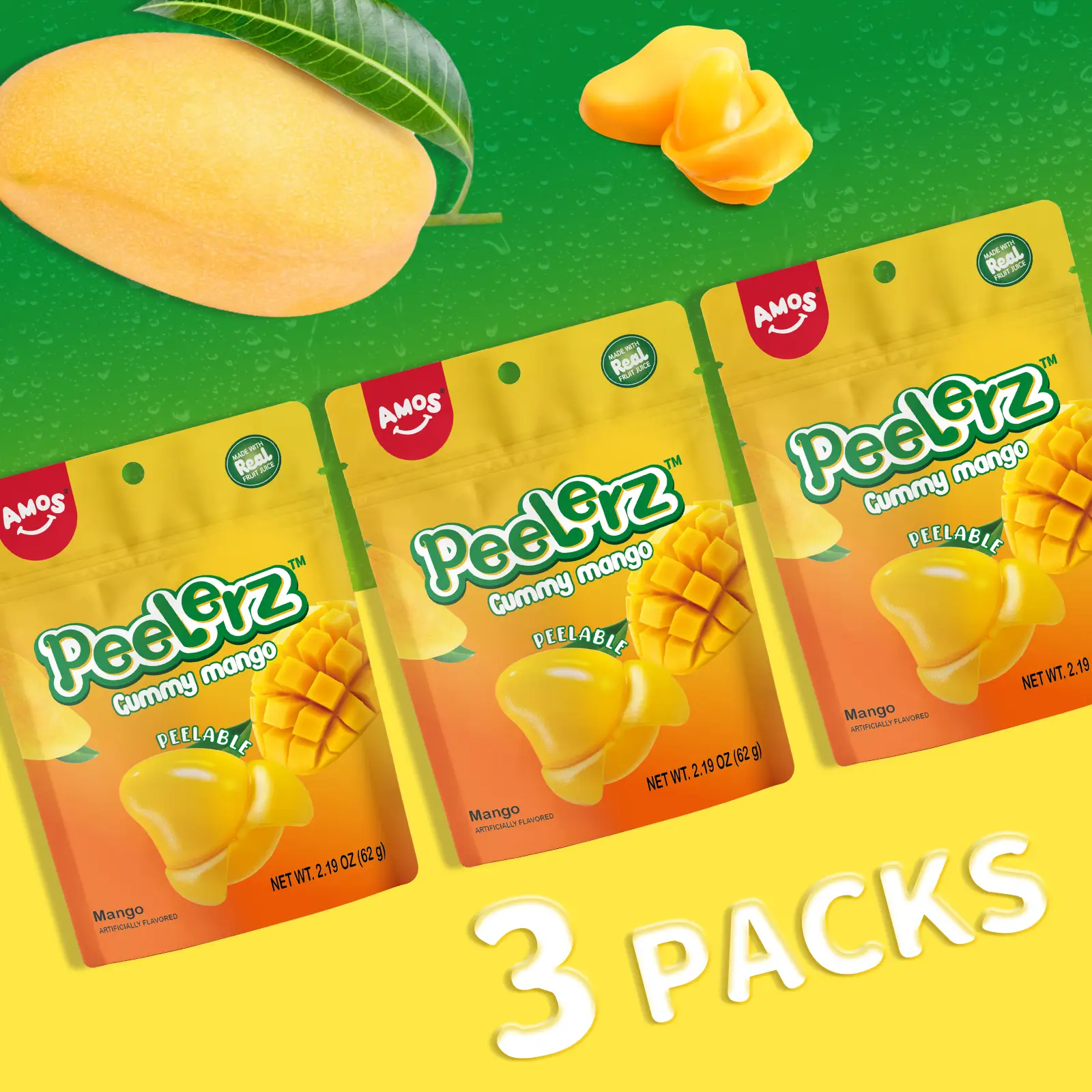 (live)AMOS Peelerz Gummies – 3 Packs – More Flavor, More Fun! Candy Fruit Snack Soft Gel Bonbon Sweet Mango