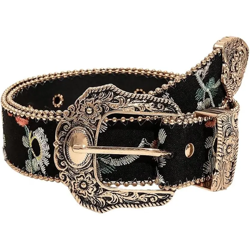 Women's Vintage Boho Durable Belt - Floral Embroidery, Western Country Concho Cowgirl Accessory, Durable Belts