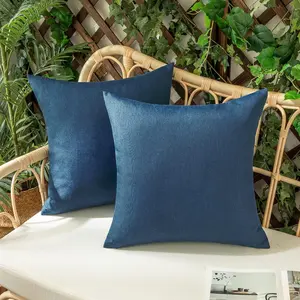 Set of 2 Outdoor Waterproof Throw Pillow Covers Decorative Farmhouse Linen Pillowcase Solid Cushion Cases for Bedroom Living Room Sofa Chairs Navy Blue 16x16 inch