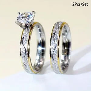 2-piece Set Romantic Titanium Alloy Inlaid Shiny Artificial Zircon 925 Silver Plated Couple Rings - Choice for Weddings and Engagements couples ring sets