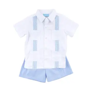 White With Blue Embroidered Guayabera Short Set - 2Pc Outfit for Boys