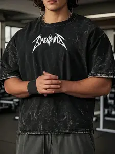 Men's Dark Metal Washed Cotton Short Sleeve T-Shirt, Aesthetic Geometric Print, Loose Fit, Casual Streetwear, Fall & Winter Fashion